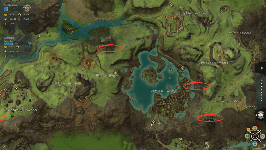 Rich Ore Veins in Godslost Swamp and Taminn Foothills can be found inside the caves