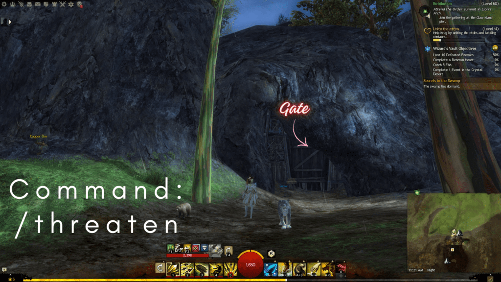 To enter the cave in Godslost Swamp it is necessary to use /threaten command on the gate
